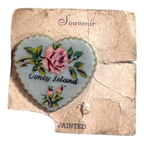 Vintage Heart-Shaped Hand-Painted Coney Island Souvenir Pin Brooch Floral Design - Picture 1 of 5